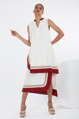 Sachi ivory layered midi dress with V neck and red trim, full length front view