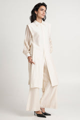 Buckler Ivory Hostess Kurta Set by Madder Much, long collared kurta with embroidered sheer sleeves and pants