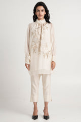 Alba Ivory Beach Tunic Set by Madder Much, sheer tunic with tonal floral embroidery and tapered pants