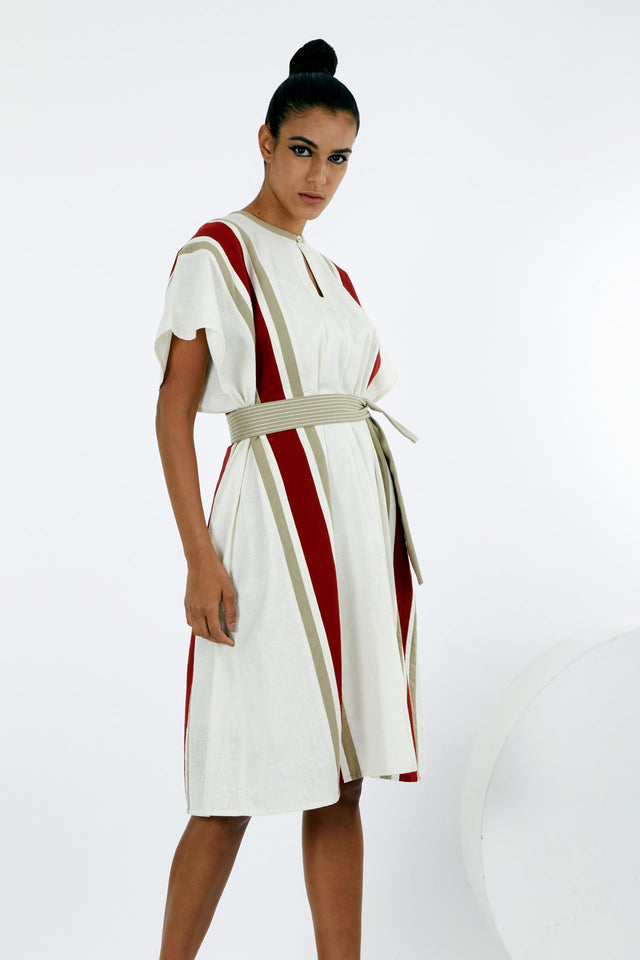 Fubu ivory striped kaftan with short sleeves and knotted belt, three quarter front view