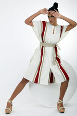 Fubu Ivory Kaftan Dress with Short Belt by Madder Much, red and beige striped kaftan with keyhole neck, front view