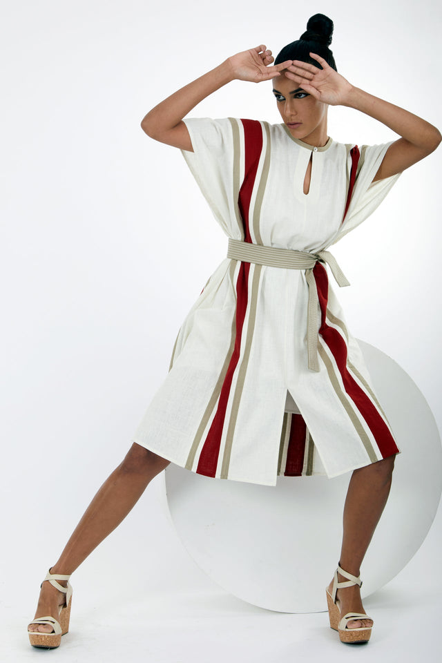 Fubu Ivory Kaftan Dress with Short Belt by Madder Much, red and beige striped kaftan with keyhole neck, front view