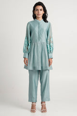 Aqua Abe 2.0 Micro-gathered Peplum Tunic Set by Madder Much, band collar tunic with embroidered sheer sleeves