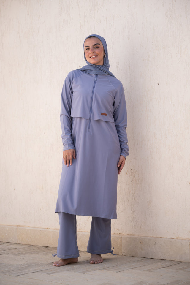 Flow Sky Blue Zip Neck Layered Long Sleeve Swim Top