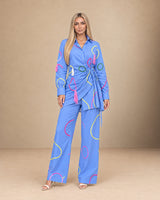 Amora Blue Embroidered Asymmetric Shirt and Trousers Two-Piece Set