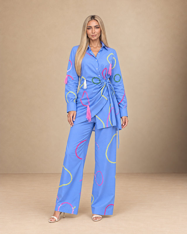 Amora Blue Embroidered Asymmetric Shirt and Trousers Two-Piece Set