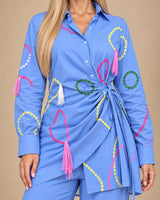Amora Blue Embroidered Asymmetric Shirt and Trousers Two-Piece Set