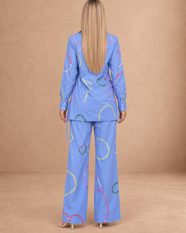 Amora Blue Embroidered Asymmetric Shirt and Trousers Two-Piece Set