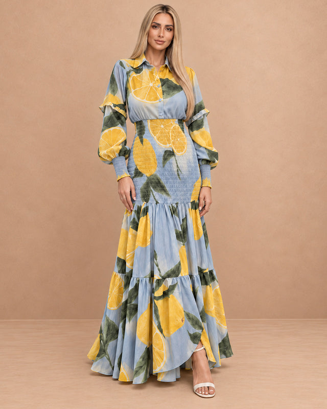 Azzurra Limoncello Print Ruched Waist Cotton Dress