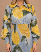 Azzurra Limoncello Print Ruched Waist Cotton Dress