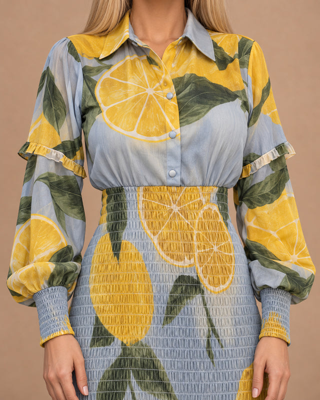 Azzurra Limoncello Print Ruched Waist Cotton Dress