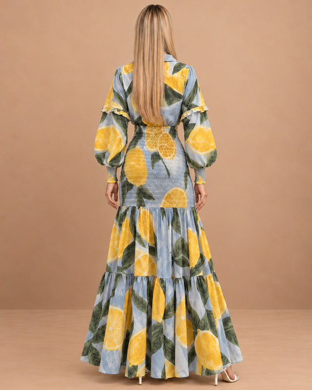 Azzurra Limoncello Print Ruched Waist Cotton Dress