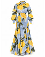 Azzurra Limoncello Print Ruched Waist Cotton Dress