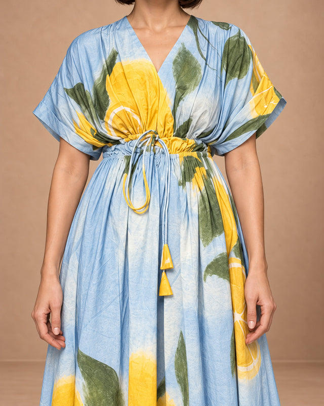 Nirvana Limoncello Print Puff Sleeve Cotton Dress