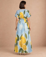 Nirvana Limoncello Print Puff Sleeve Cotton Dress