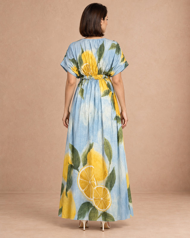 Nirvana Limoncello Print Puff Sleeve Cotton Dress