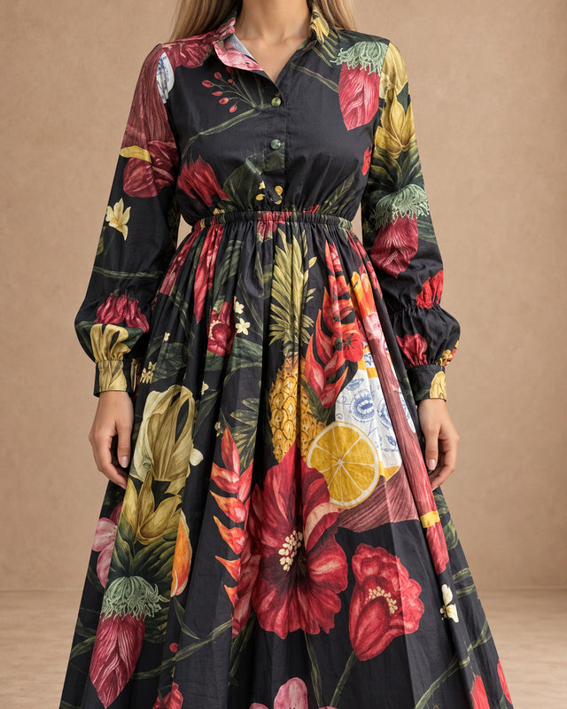 Petalia Midnight Black Sol Garden Print Cotton Dress