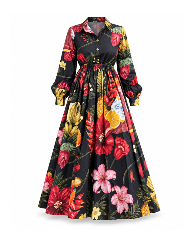 Petalia Midnight Black Sol Garden Print Cotton Dress