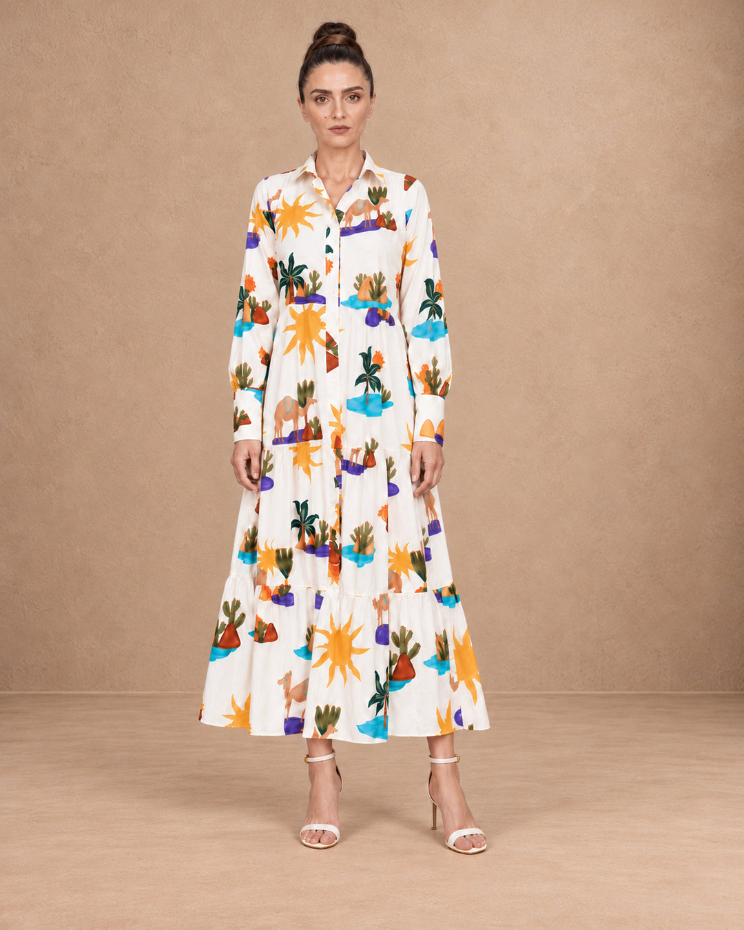 Riviera White Hidden Spring Print Tiered Cotton Shirt Dress