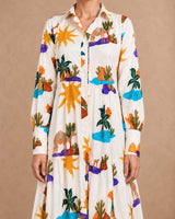 Riviera White Hidden Spring Print Tiered Cotton Shirt Dress