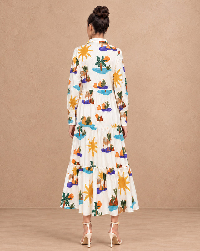 Riviera White Hidden Spring Print Tiered Cotton Shirt Dress