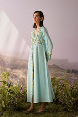 Aqua Azure Beaded Tunic with long sleeves and front slit, three quarter view