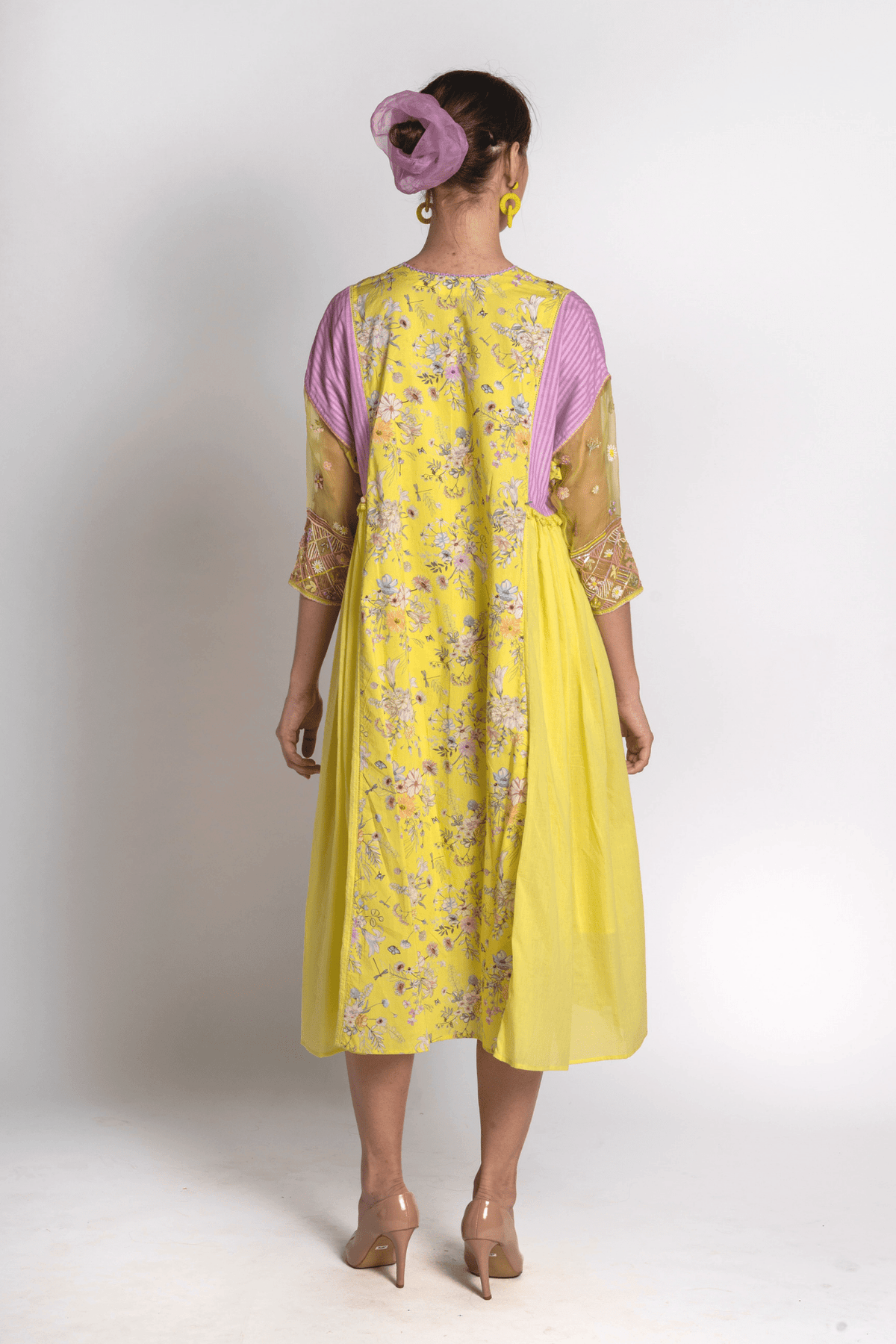 Yellow Basant Floral Printed Dress with lilac yoke, back view