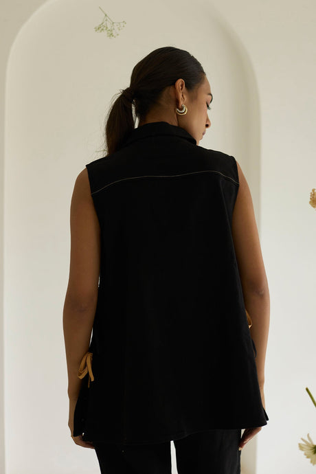 Black Denim Jacket with contrast topstitching on the yoke, back view