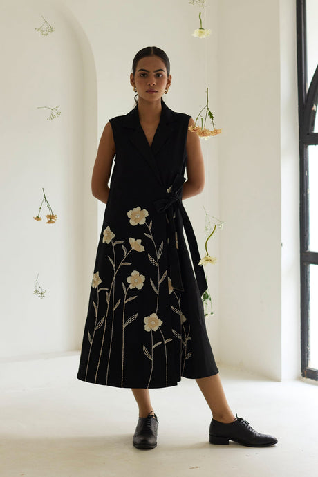 Black Floral Wrap Denim Dress with notched lapel and tie waist, full length front view