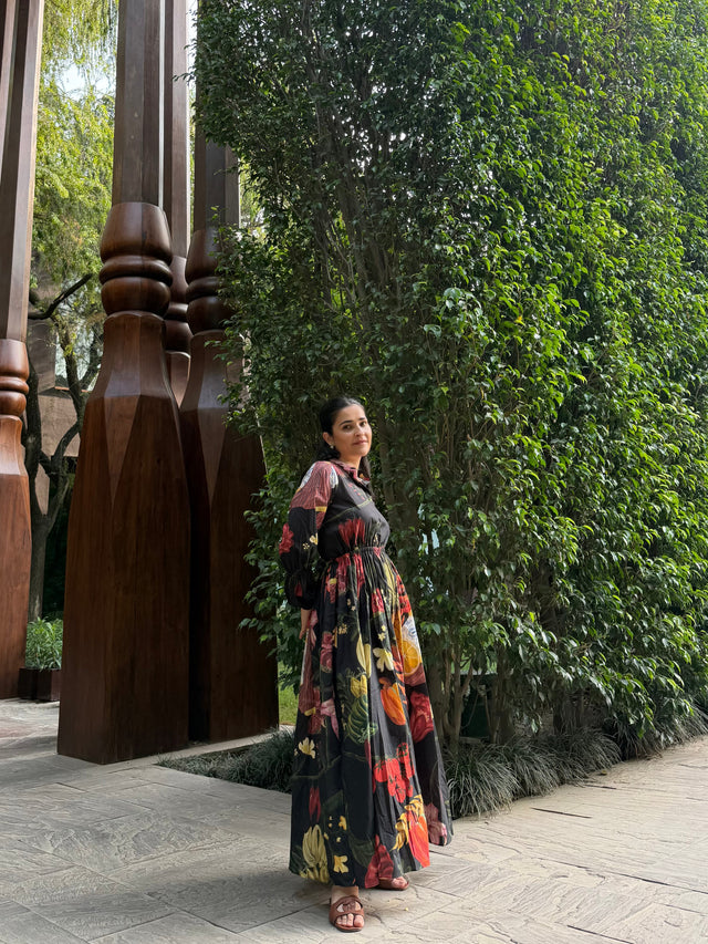 Petalia Dress in Sol Garden print (Midnight Black)
