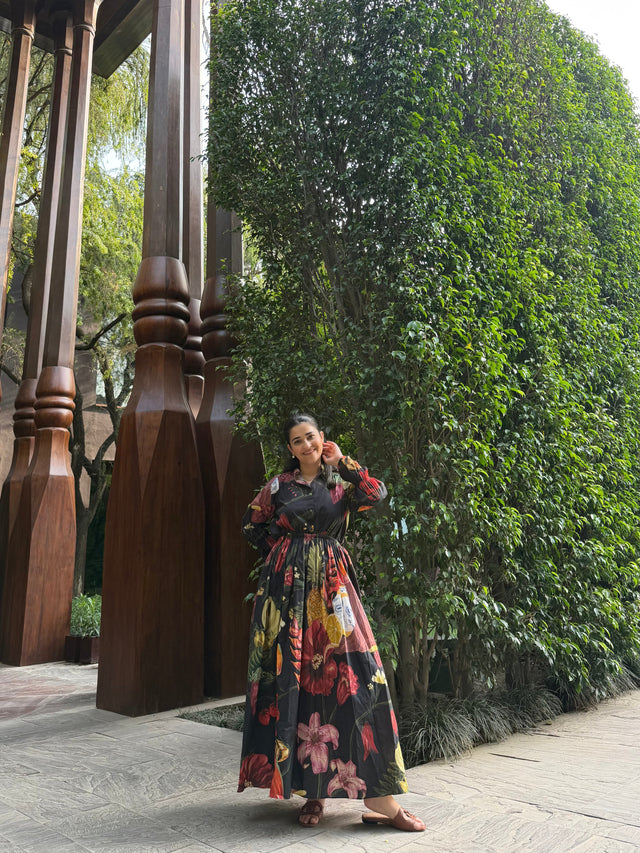 Petalia Dress in Sol Garden print (Midnight Black)