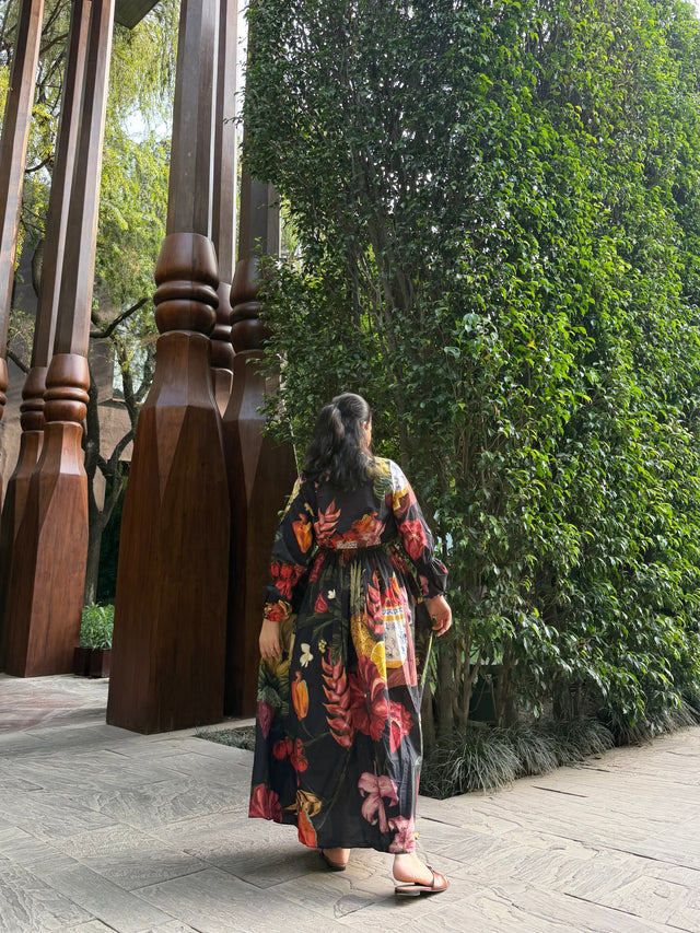 Petalia Dress in Sol Garden print (Midnight Black)