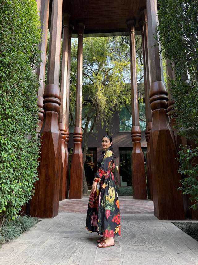 Petalia Dress in Sol Garden print (Midnight Black)