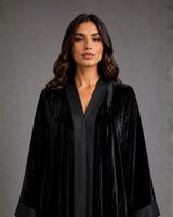 Black Crushed Velvet Open Front Abaya with Satin Trim
