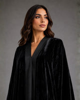 Black Crushed Velvet Open Front Abaya with Satin Trim