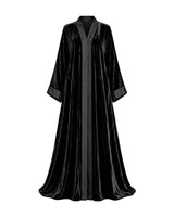 Black Crushed Velvet Open Front Abaya with Satin Trim
