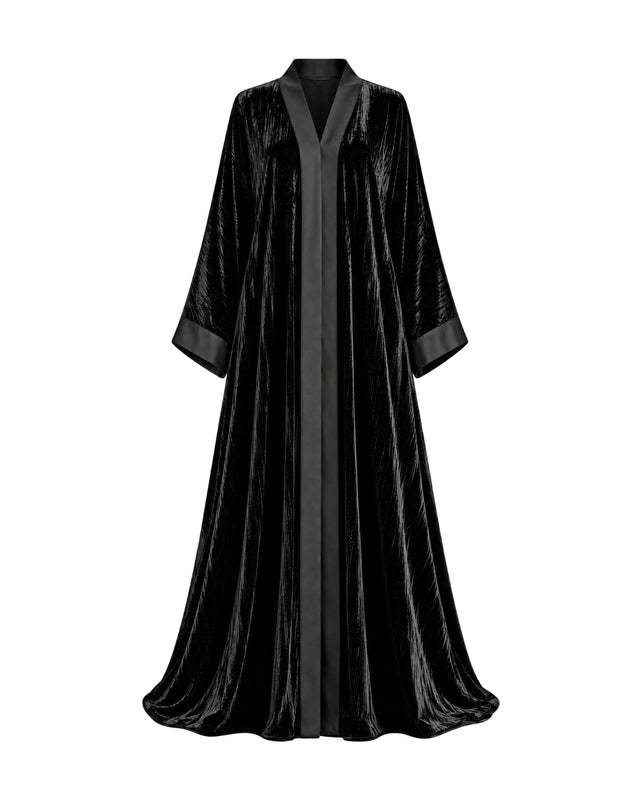 Black Crushed Velvet Open Front Abaya with Satin Trim