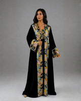 Black Velvet Open Front Abaya with Jacquard Trim and Inner Dress