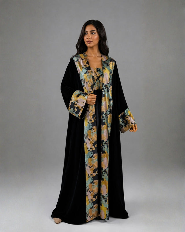 Black Velvet Open Front Abaya with Jacquard Trim and Inner Dress