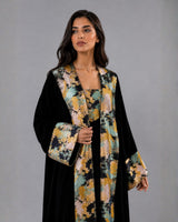 Black Velvet Open Front Abaya with Jacquard Trim and Inner Dress