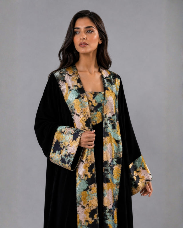Black Velvet Open Front Abaya with Jacquard Trim and Inner Dress