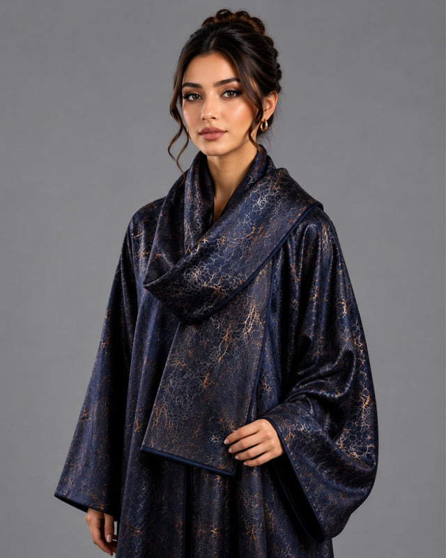 Black Patterned Reversible Wool Bisht Abaya with Shawl Collar