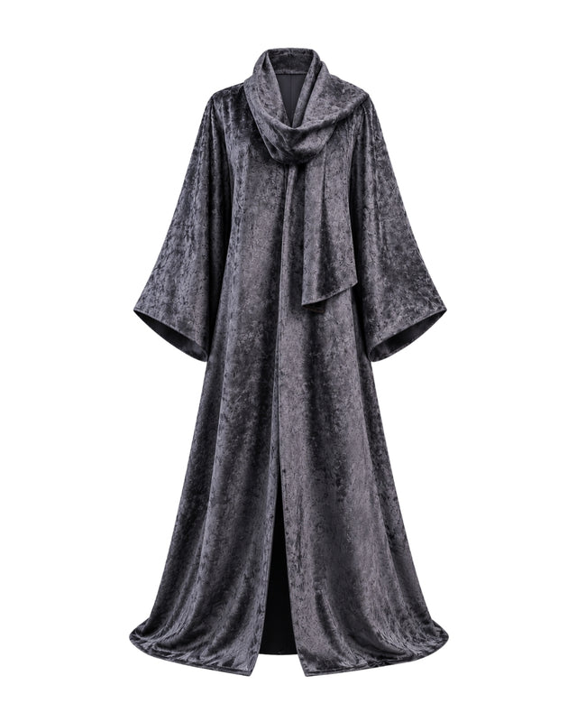 Blue Grey Patterned Reversible Wool Bisht Abaya with Shawl Collar