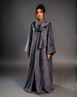 Blue Grey Patterned Reversible Wool Bisht Abaya with Shawl Collar