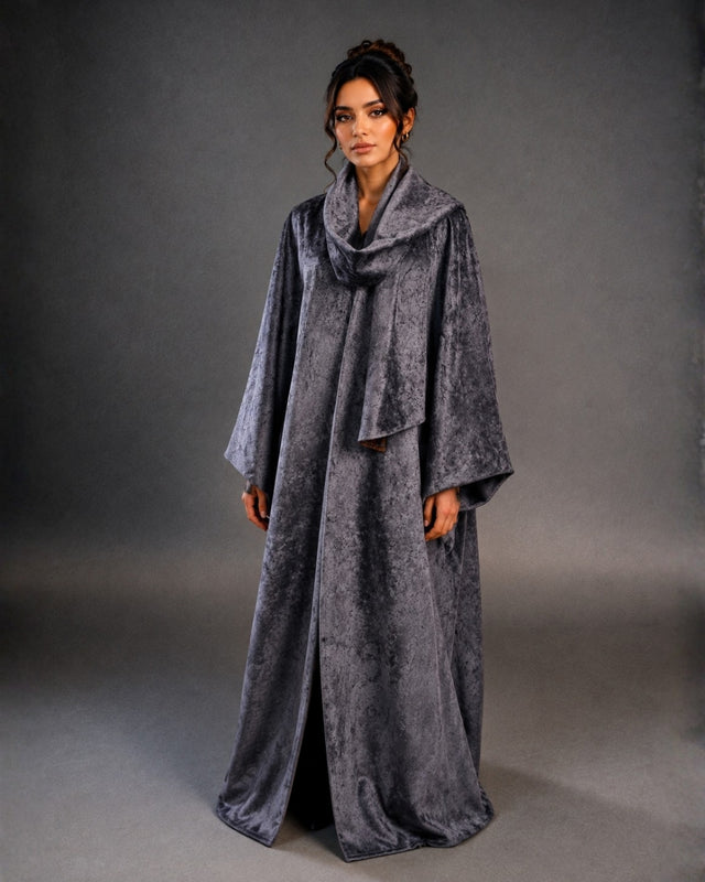Blue Grey Patterned Reversible Wool Bisht Abaya with Shawl Collar