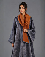 Blue Grey Patterned Reversible Wool Bisht Abaya with Shawl Collar