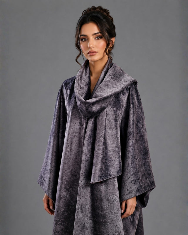 Blue Grey Patterned Reversible Wool Bisht Abaya with Shawl Collar