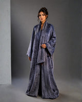 Blue Grey Patterned Reversible Wool Bisht Abaya with Shawl Collar