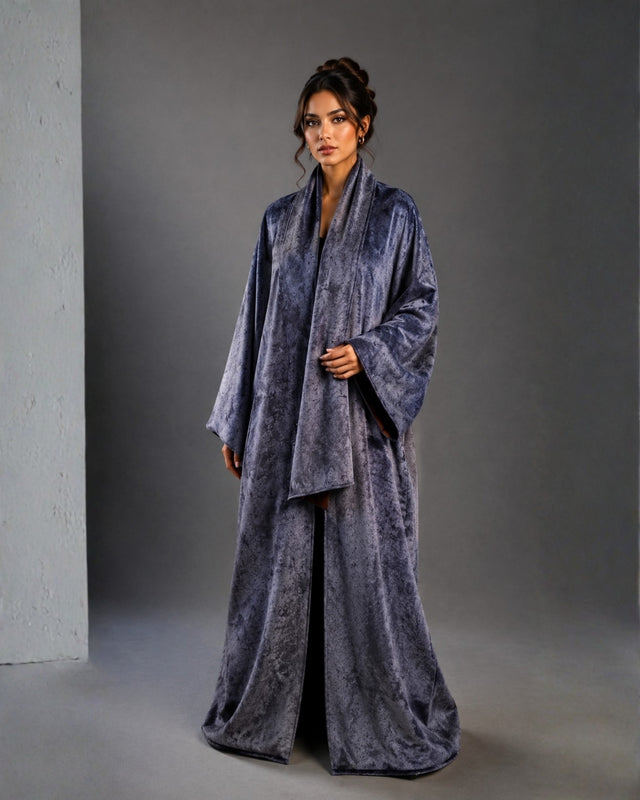 Blue Grey Patterned Reversible Wool Bisht Abaya with Shawl Collar