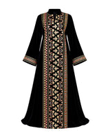 Black Velvet Jalabiya with Embroidered Front Panel and Cuffs